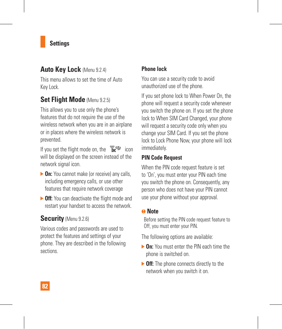 Auto key lock, Set flight mode, Security | LG CF360 User Manual | Page 86 / 262