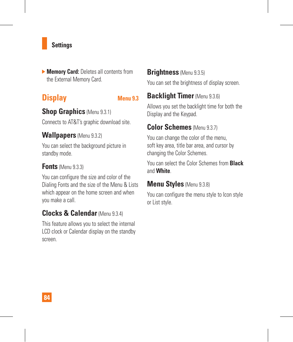 Display, Shop graphics, Wallpapers | Fonts, Clocks & calendar, Brightness, Backlight timer, Color schemes, Menu styles | LG CF360 User Manual | Page 88 / 262