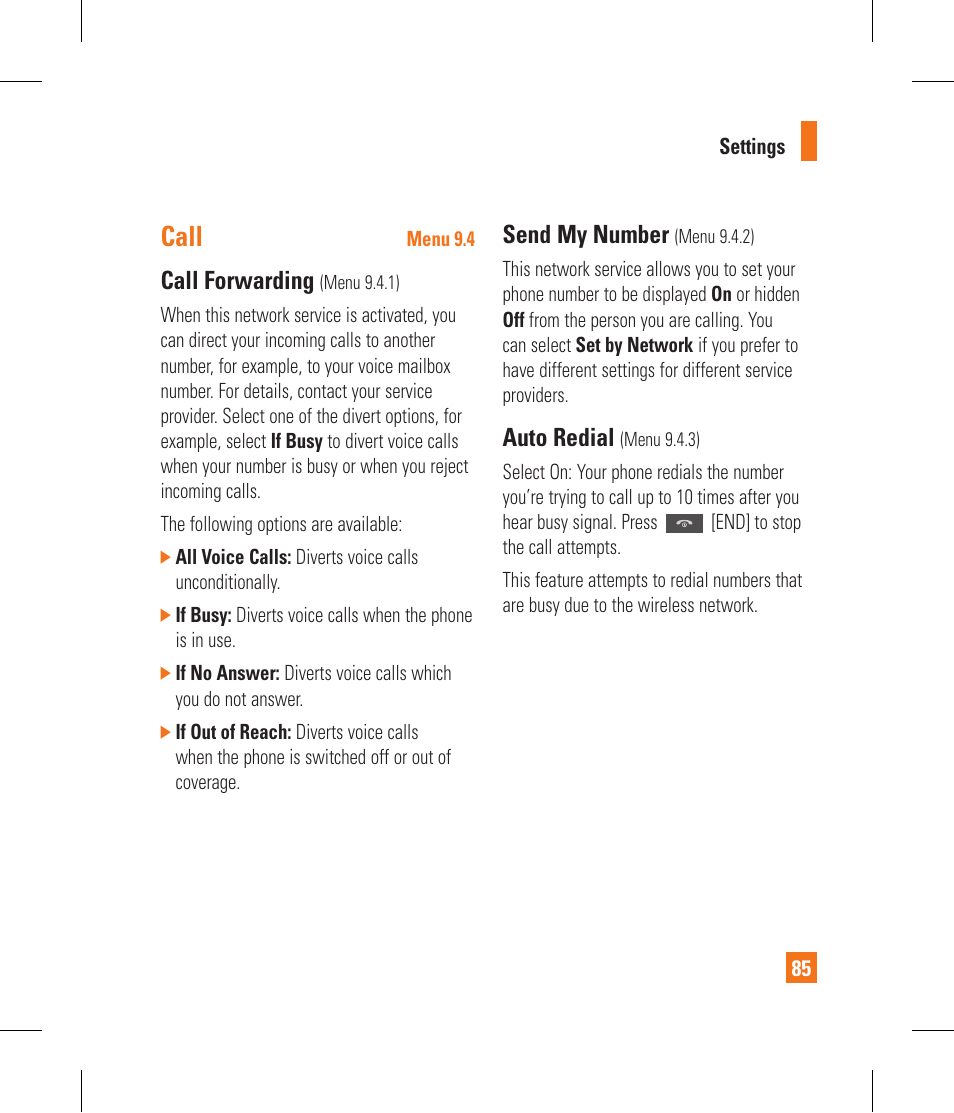 Call, Call forwarding, Send my number | Auto redial | LG CF360 User Manual | Page 89 / 262