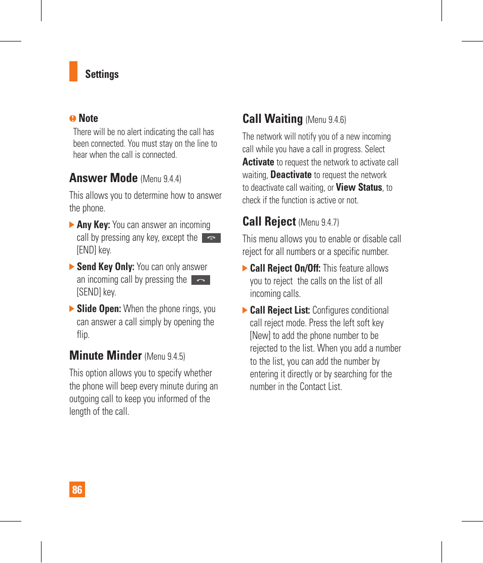 Answer mode, Minute minder, Call waiting | Call reject | LG CF360 User Manual | Page 90 / 262