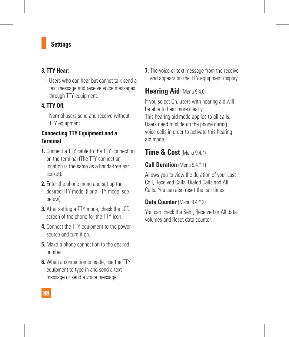 Hearing aid, Time & cost | LG CF360 User Manual | Page 92 / 262