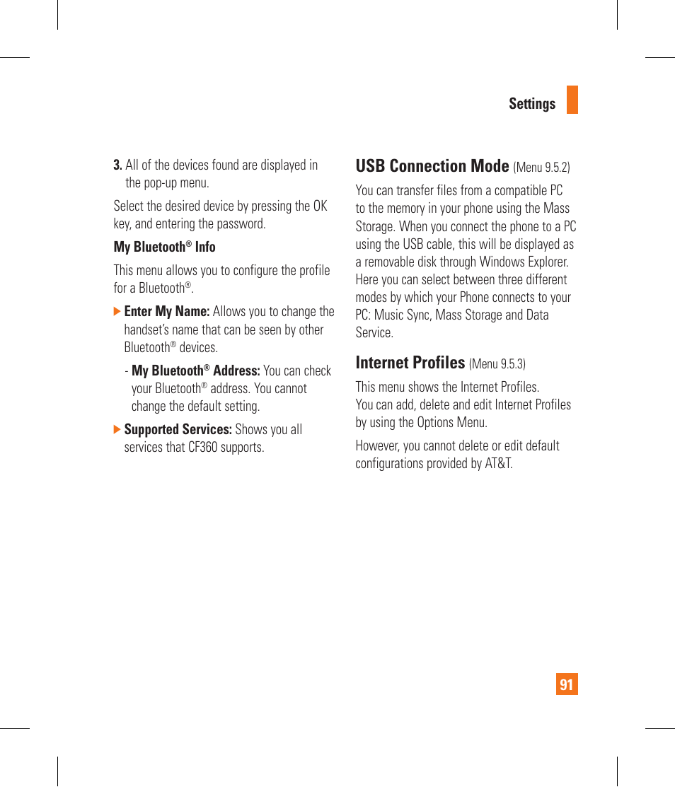 Usb connection mode, Internet profiles | LG CF360 User Manual | Page 95 / 262