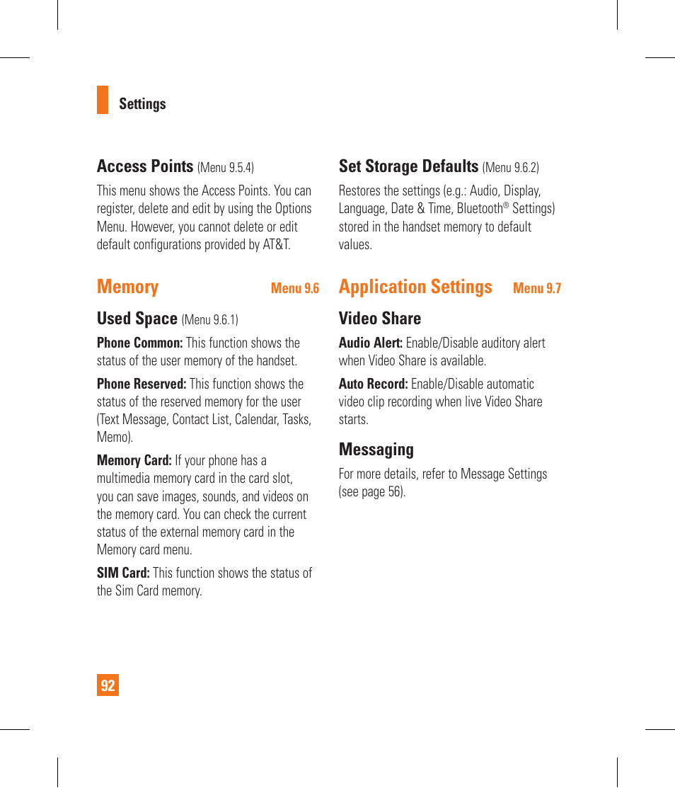 Application settings, Access points, Used space | Set storage defaults, Video share, Messaging | LG CF360 User Manual | Page 96 / 262
