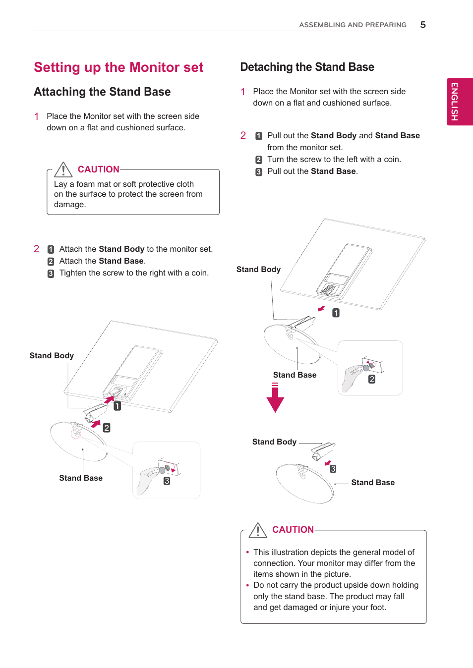 Setting up the monitor set, Attaching the stand base, Detaching the stand base | LG 24EC53V-P User Manual | Page 6 / 28