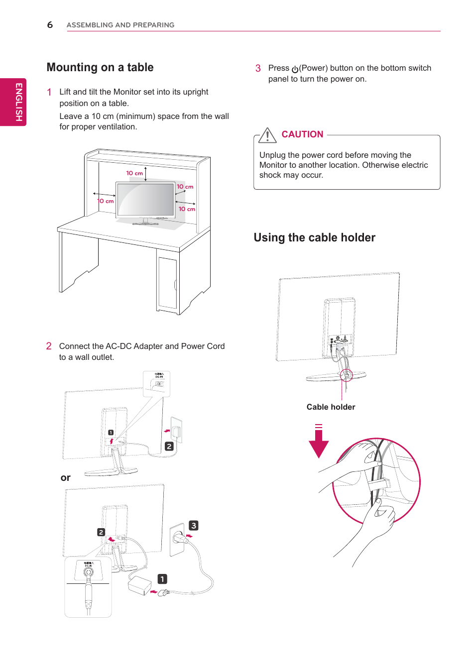 Mounting on a table, Using the cable holder | LG 24EC53V-P User Manual | Page 7 / 28