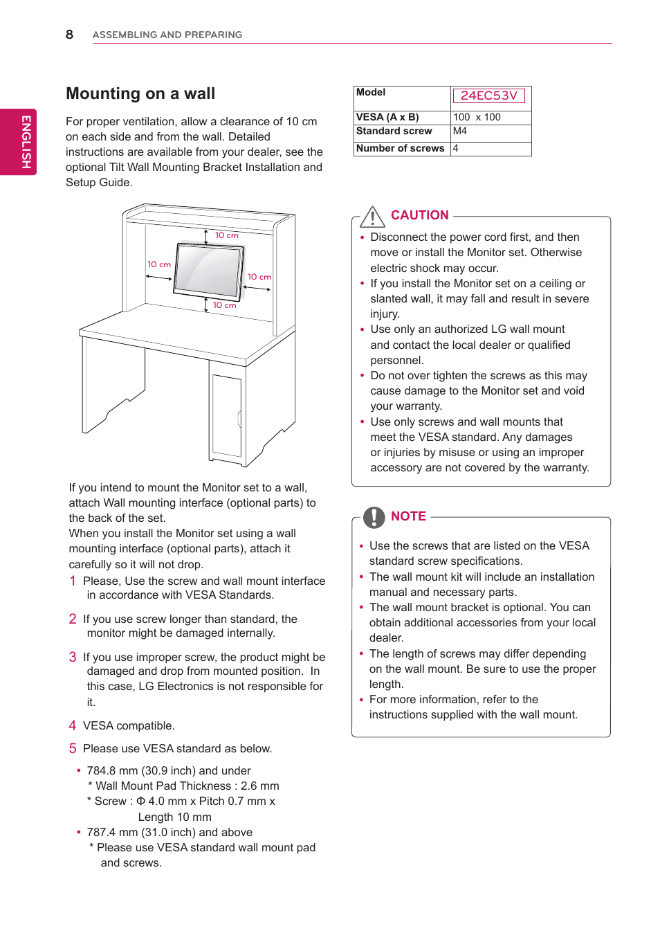 Mounting on a wall | LG 24EC53V-P User Manual | Page 9 / 28