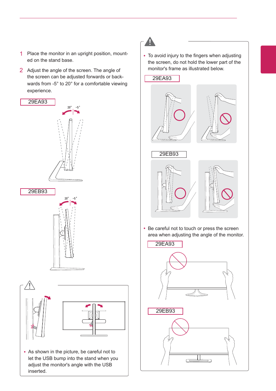 Adjusting the angle | LG 29EA93-P User Manual | Page 13 / 40