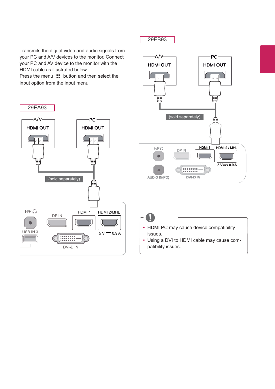 Hdmi connection, Hdmi, Connection | English | LG 29EA93-P User Manual | Page 19 / 40