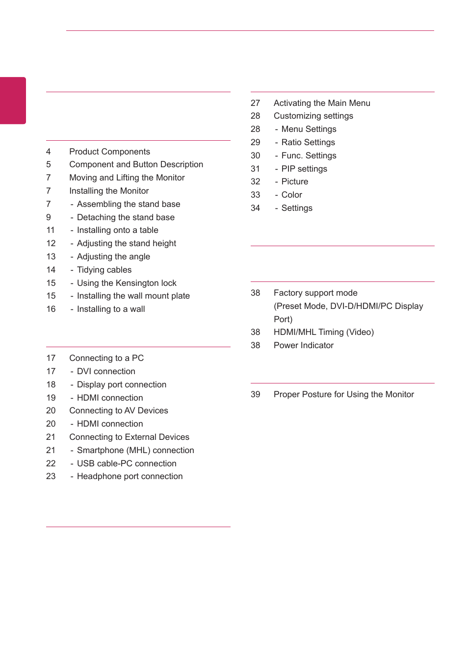 License, Assembling and preparing, Using the monitor | Installing lg monitor software, Customizing settings, Troubleshooting, Specifications, Proper posture | LG 29EA93-P User Manual | Page 2 / 40