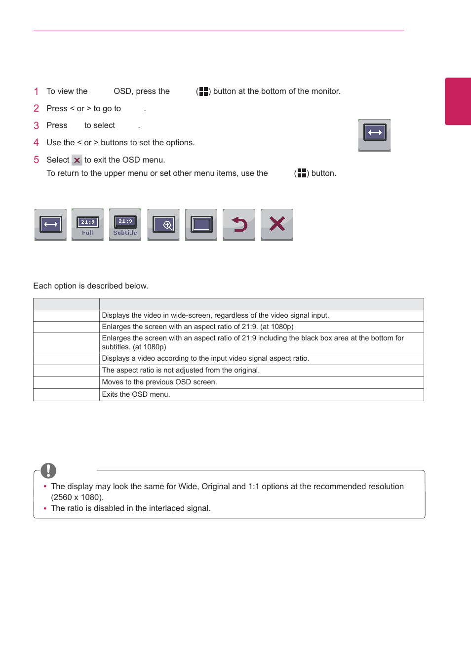 Ratio settings, Ratio, Settings | LG 29EA93-P User Manual | Page 29 / 40