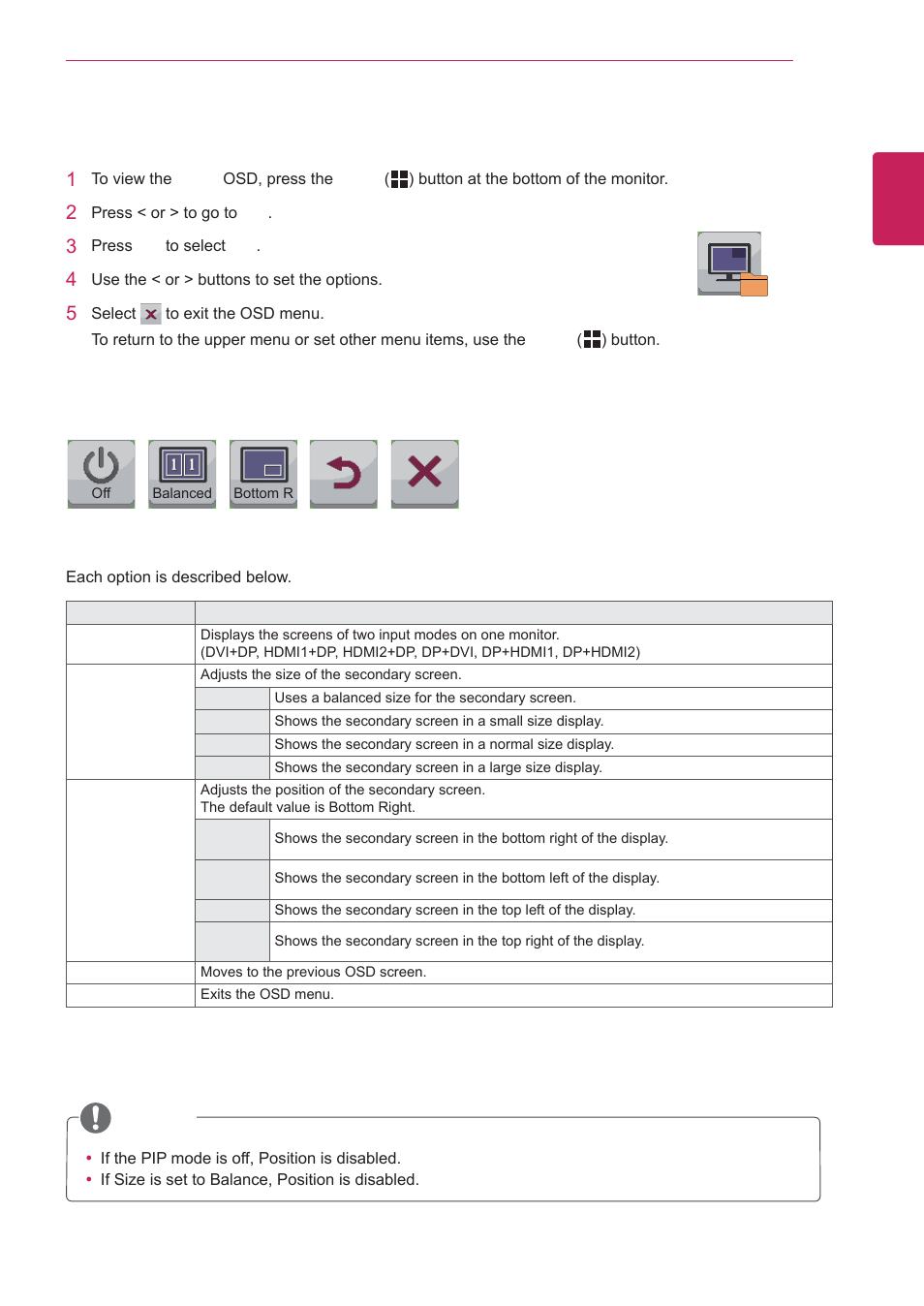 Pip settings, Settings | LG 29EA93-P User Manual | Page 31 / 40