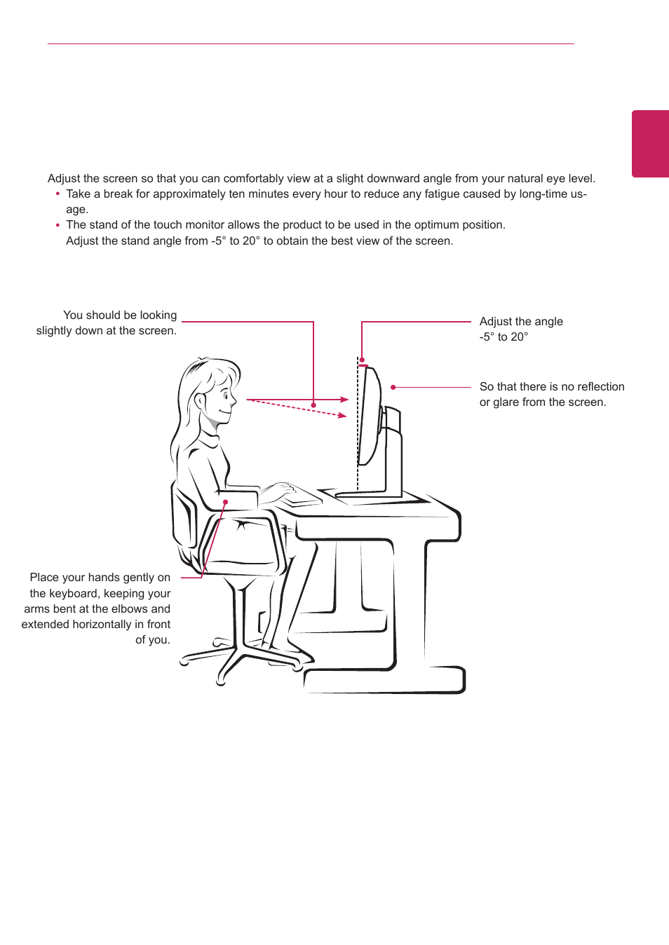 Proper posture, Proper posture for using the monitor | LG 29EA93-P User Manual | Page 39 / 40