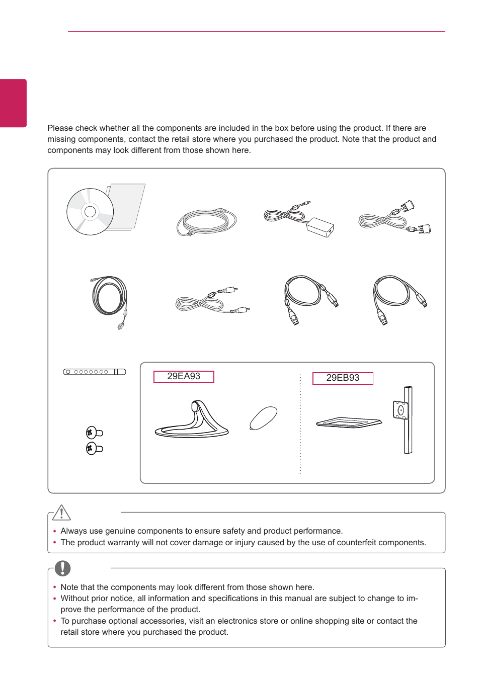 Assembling and preparing, Product components, Assembling | Preparing, 4 product, Components | LG 29EA93-P User Manual | Page 4 / 40