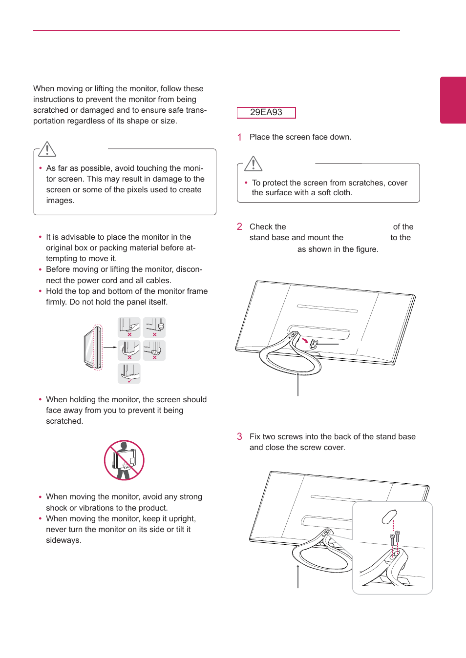 Moving and lifting the monitor, Installing the monitor, Assembling the stand base | LG 29EA93-P User Manual | Page 7 / 40