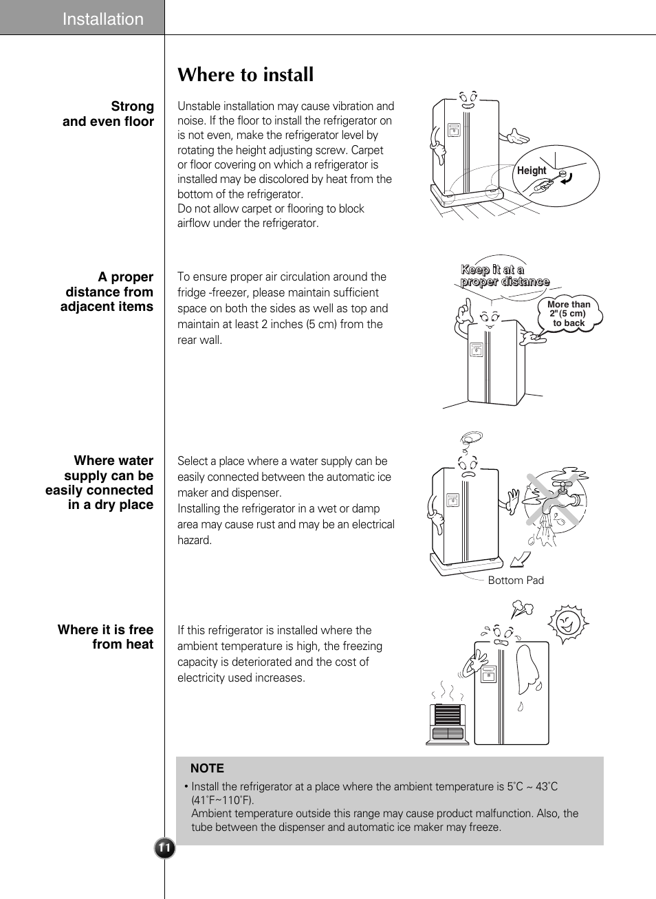 Where to install, Installation | LG LSC21943ST User Manual | Page 11 / 39