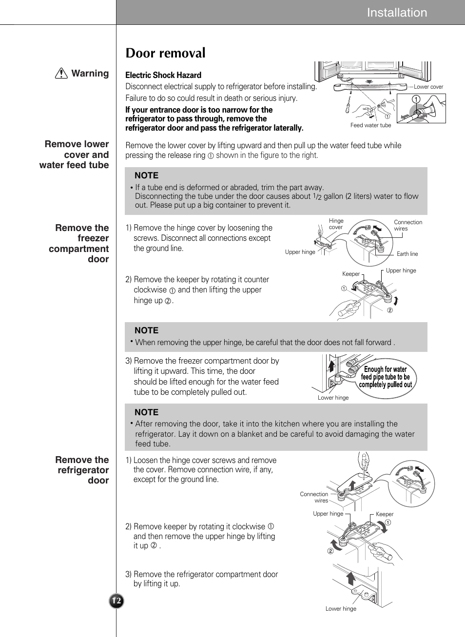 Door removal, Installation | LG LSC21943ST User Manual | Page 12 / 39