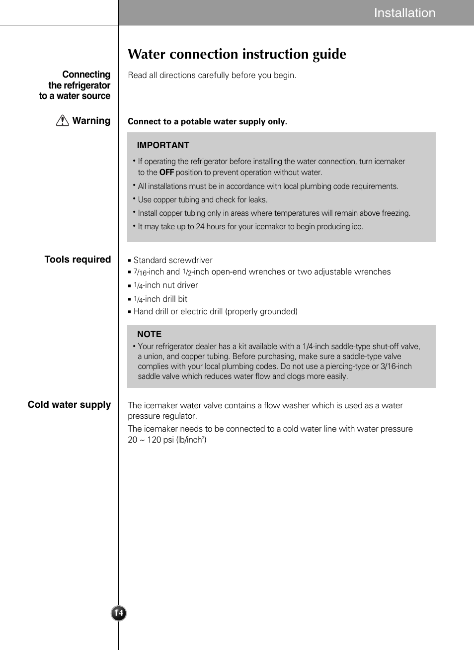 Water connection instruction guide, Installation | LG LSC21943ST User Manual | Page 14 / 39