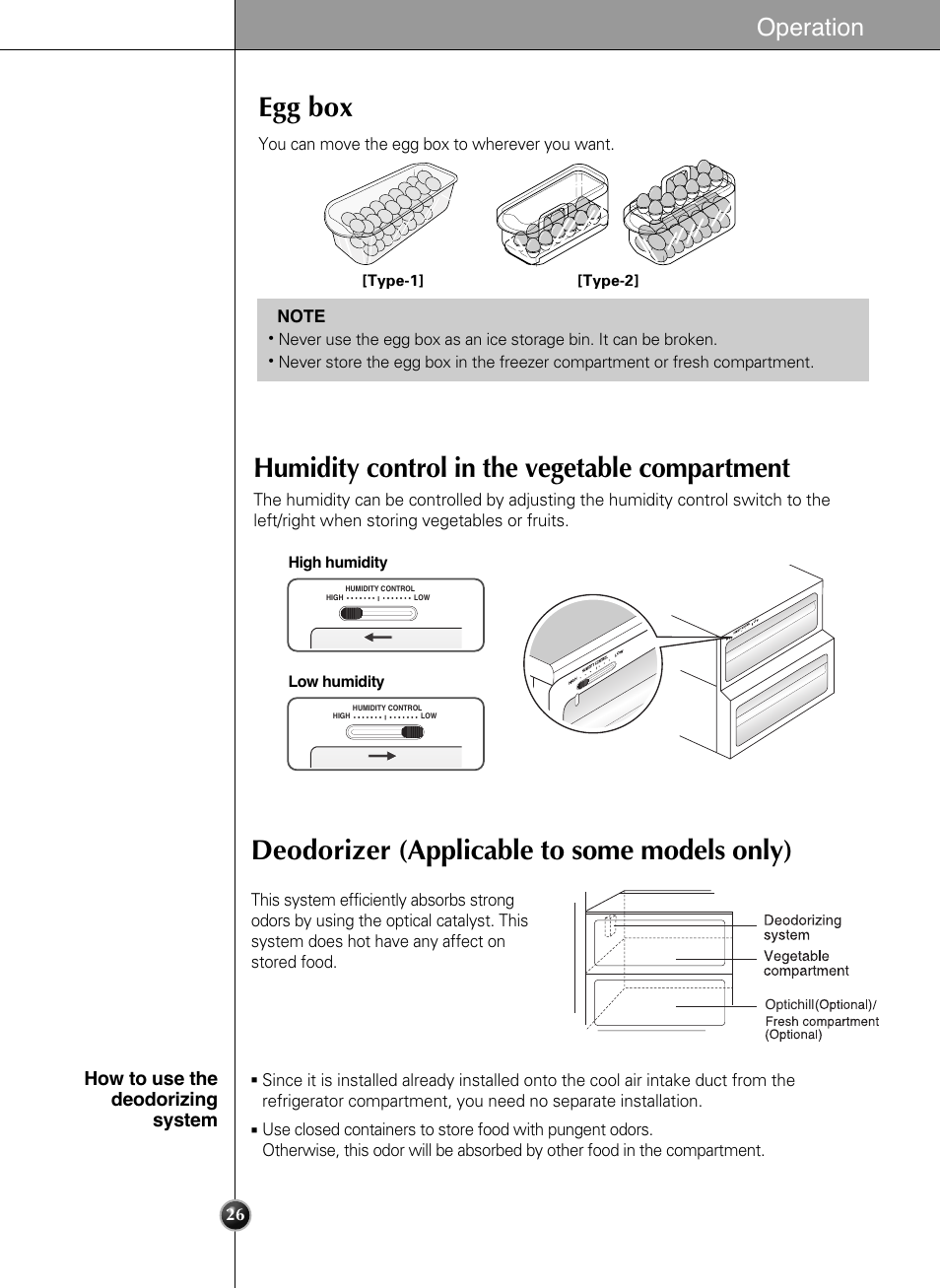 Humidity control in the vegetable compartment, Deodorizer (applicable to some models only), Egg box | Operation, How to use the deodorizing system | LG LSC21943ST User Manual | Page 26 / 39