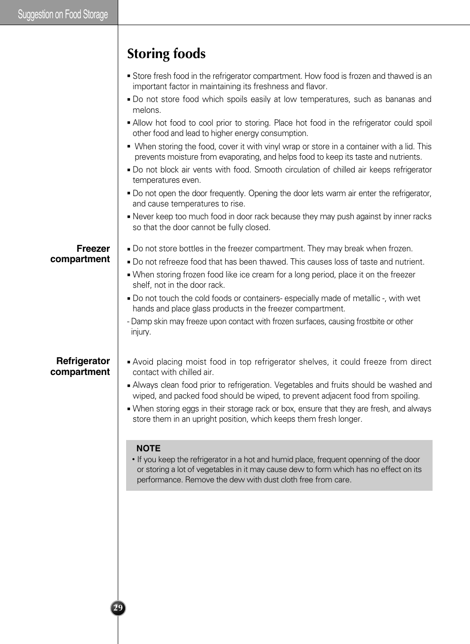 Storing foods, Suggestion on food storage | LG LSC21943ST User Manual | Page 29 / 39