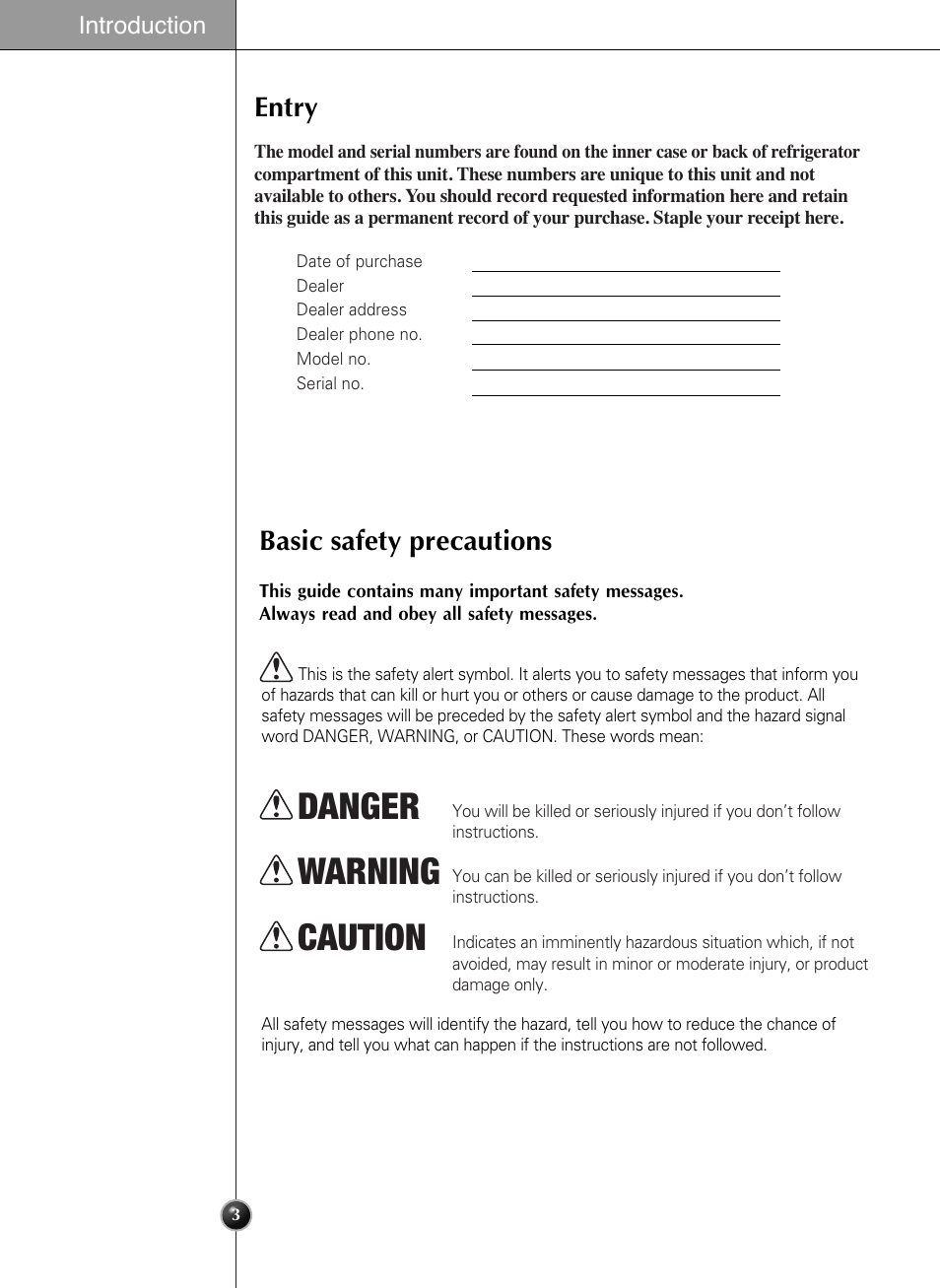 Danger, Warning, Caution | Entry, Basic safety precautions | LG LSC21943ST User Manual | Page 3 / 39
