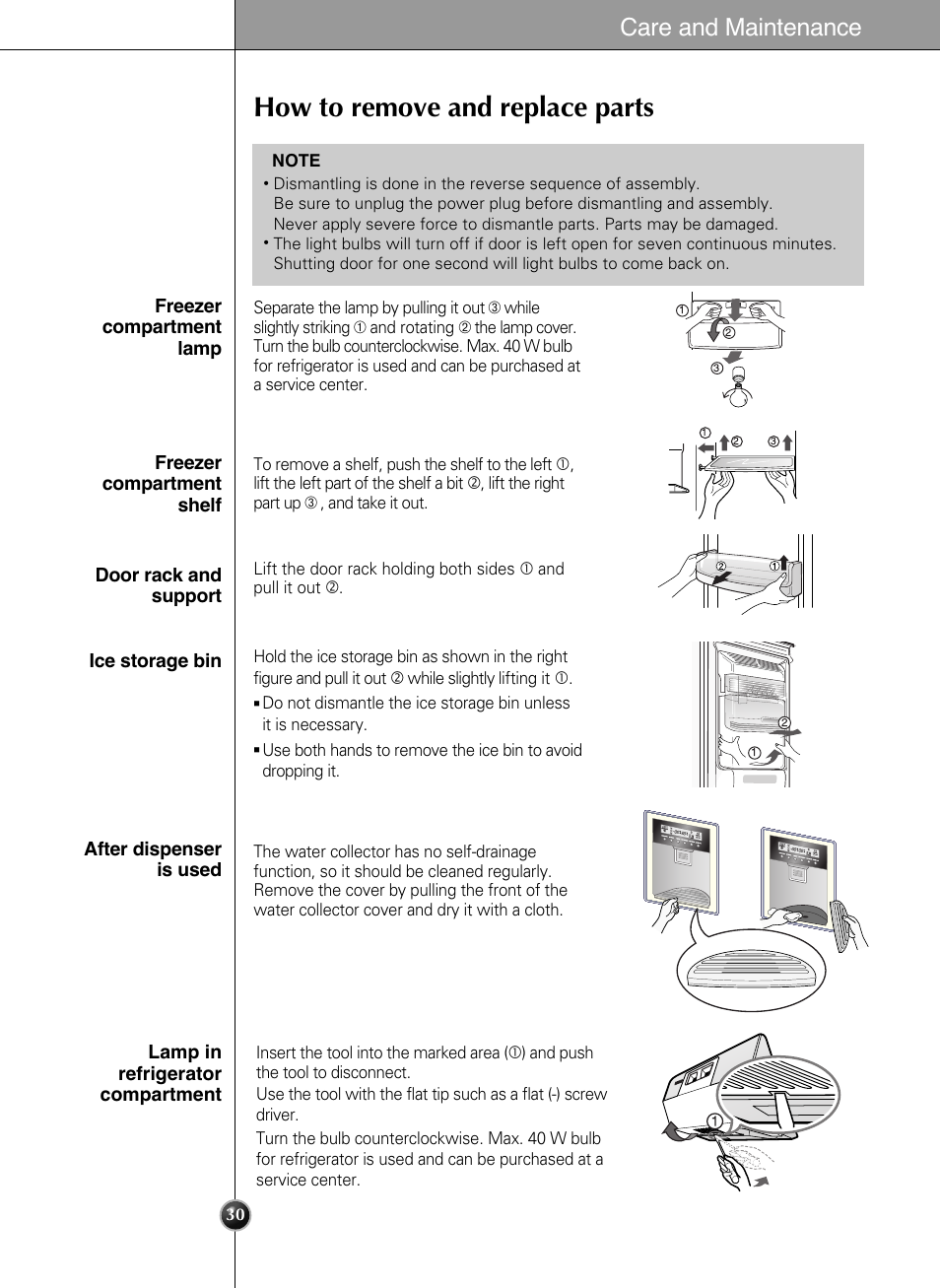 How to remove and replace parts, Care and maintenance | LG LSC21943ST User Manual | Page 30 / 39