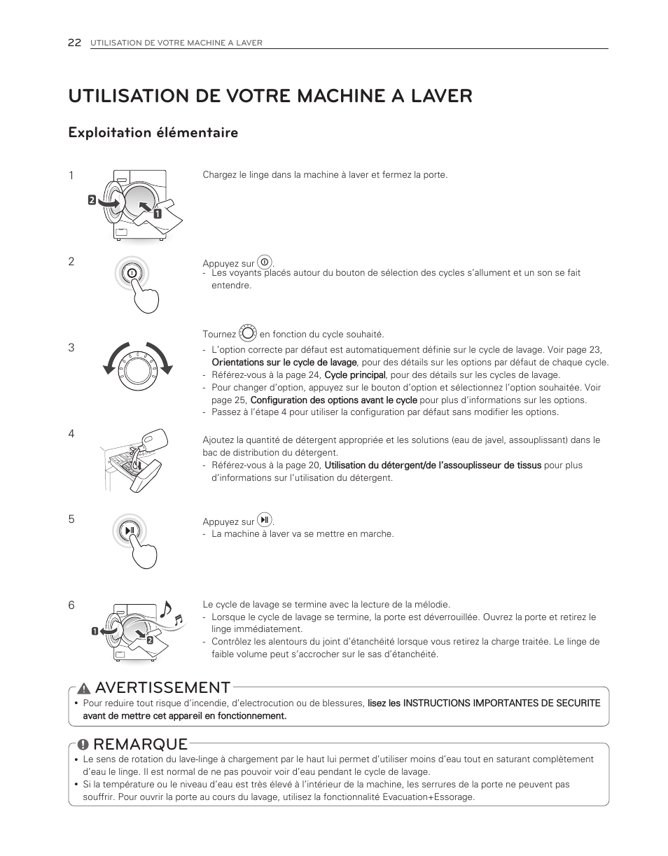 Utilisation de votre machine a laver, Remarque, Avertissement | Exploitation élémentaire | LG WM3150HVC User Manual | Page 102 / 120