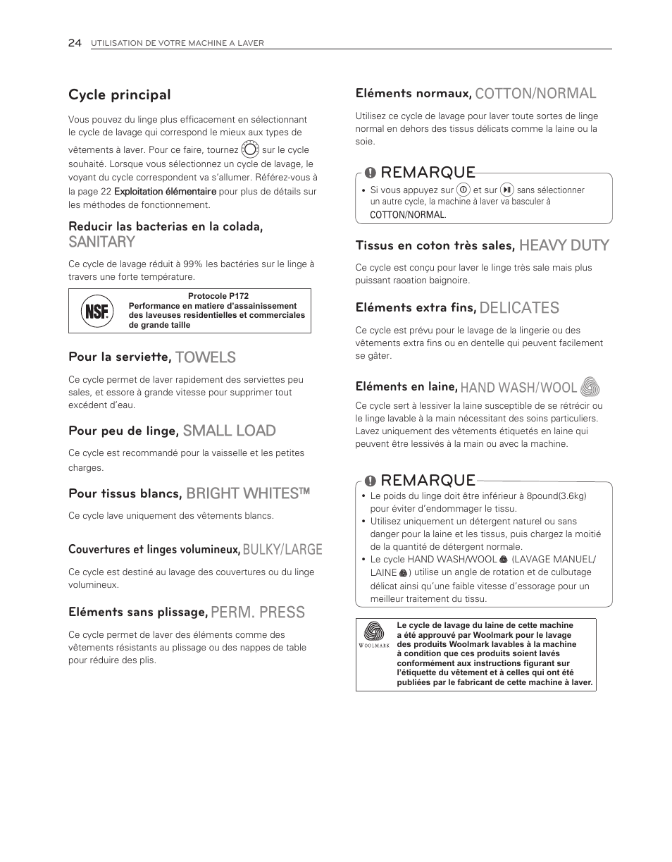 Remarque, Cycle principal, Heavy duty | Sanitary, Towels, Small load, Bright whites | LG WM3150HVC User Manual | Page 104 / 120