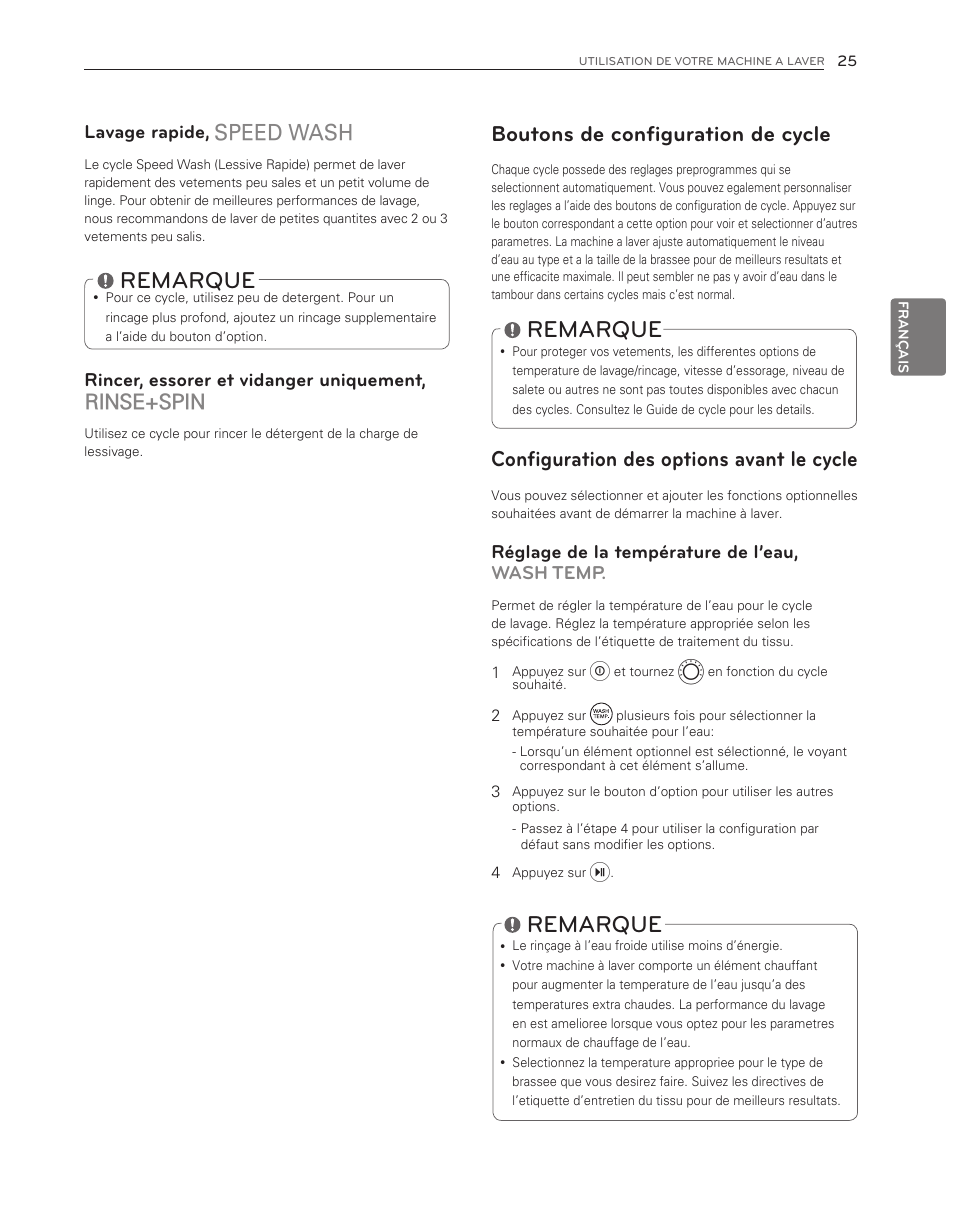 Remarque, Boutons de configuration de cycle, Configuration des options avant le cycle | Rinse+spin, Lavage rapide, Rincer, essorer et vidanger uniquement, Réglage de la température de l’eau, wash temp | LG WM3150HVC User Manual | Page 105 / 120