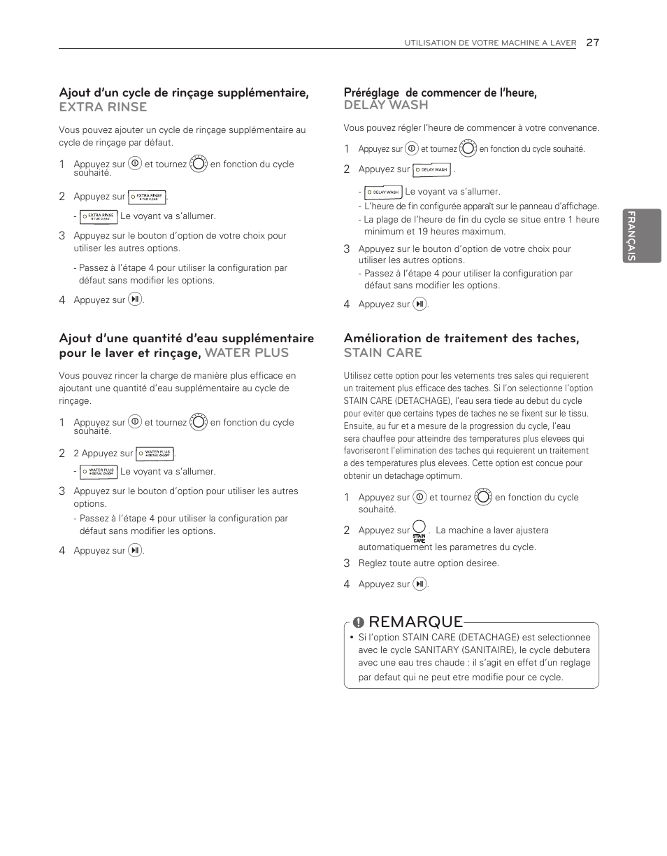 Remarque, Préréglage de commencer de l’heure, delay wash, Amélioration de traitement des taches, stain care | LG WM3150HVC User Manual | Page 107 / 120