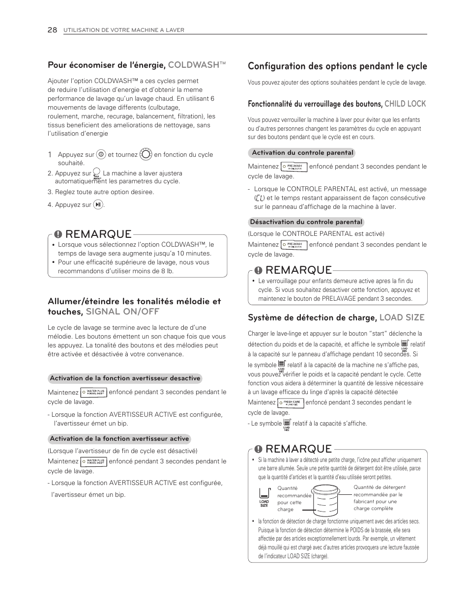Remarque, Configuration des options pendant le cycle, Pour économiser de l’énergie, coldwash | Système de détection de charge, load size | LG WM3150HVC User Manual | Page 108 / 120