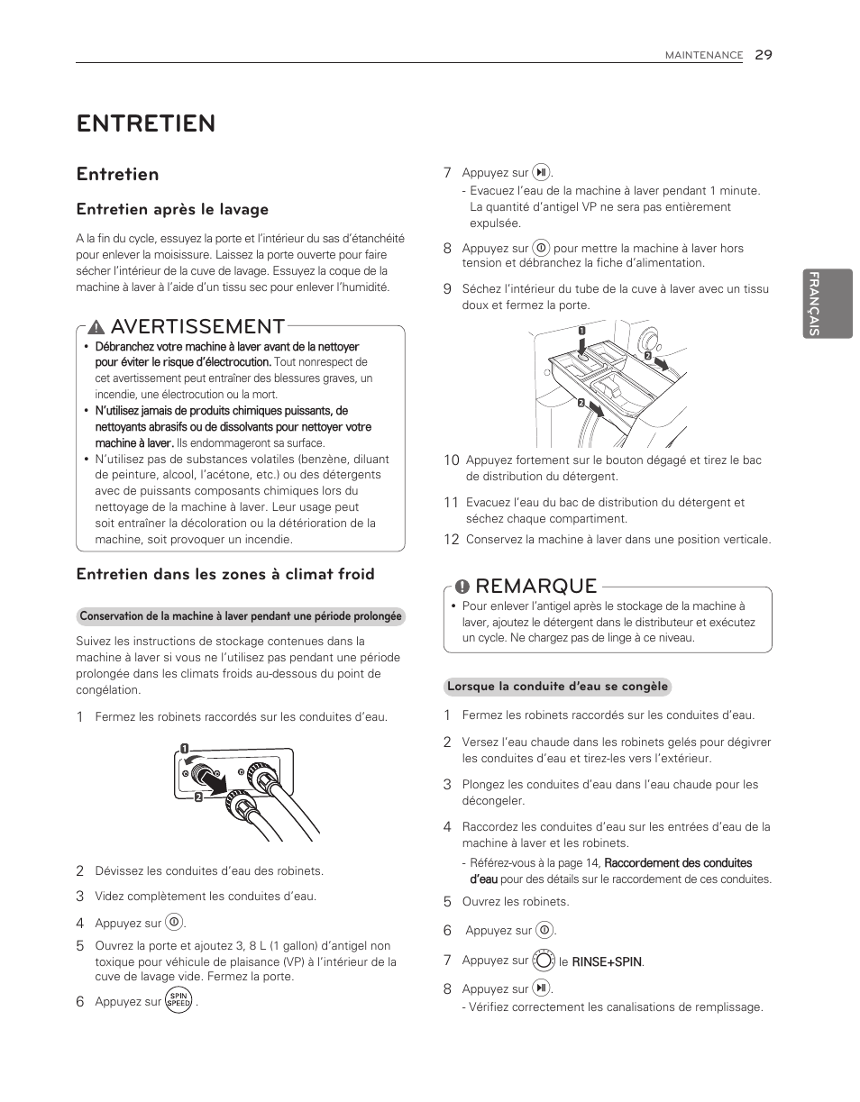 Avertissement, Remarque, Entretien | Entretien après le lavage, Entretien dans les zones à climat froid | LG WM3150HVC User Manual | Page 109 / 120