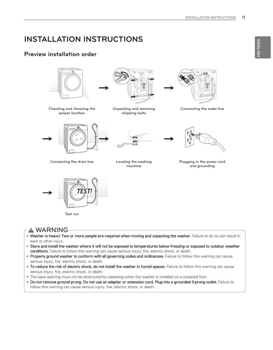 Installation instructions, Warning, Preview installation order | LG WM3150HVC User Manual | Page 11 / 120