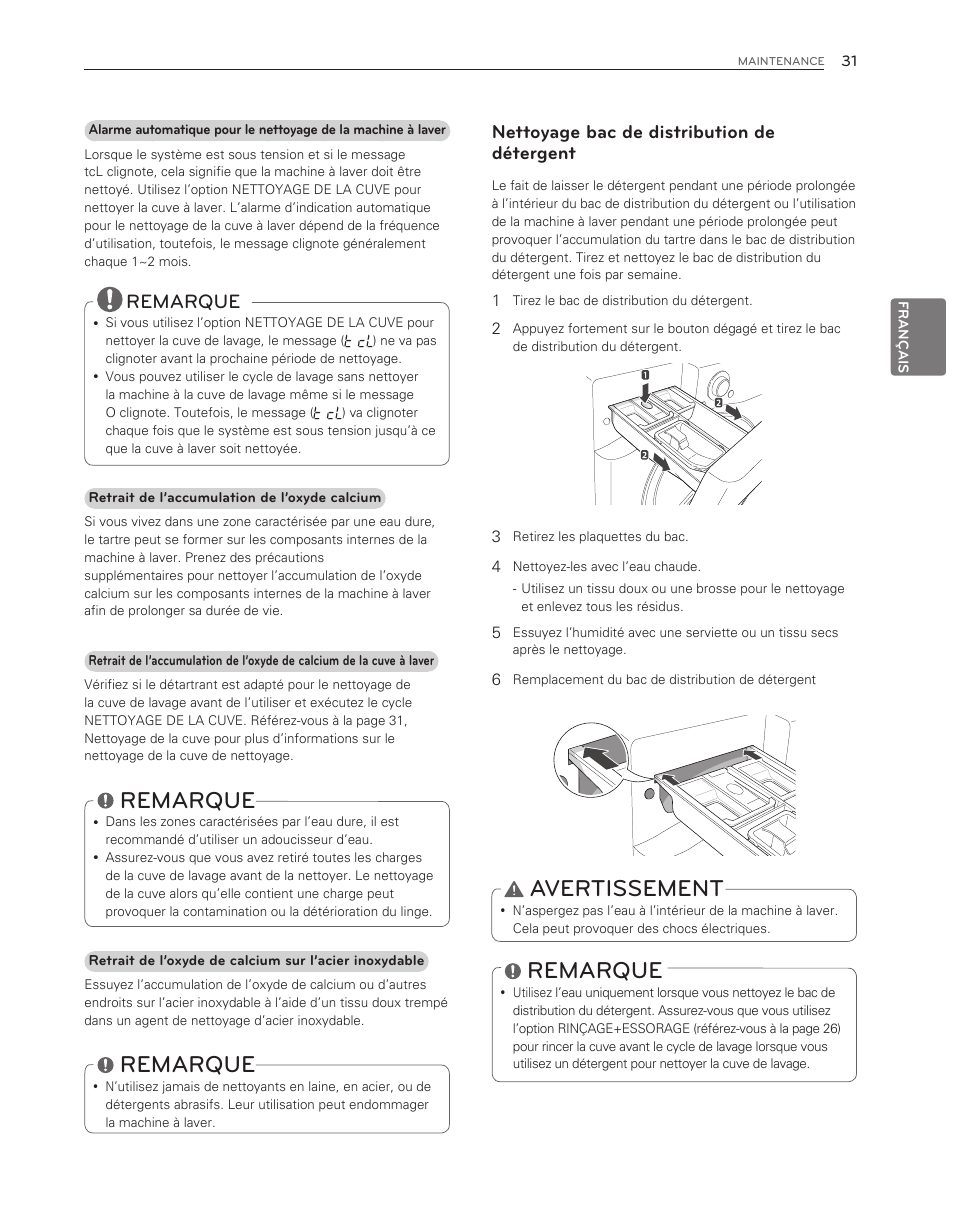 Avertissement, Remarque, Nettoyage bac de distribution de détergent | LG WM3150HVC User Manual | Page 111 / 120