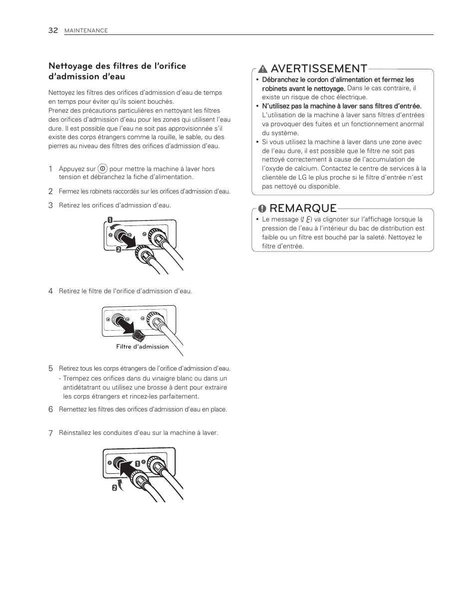 Avertissement, Remarque | LG WM3150HVC User Manual | Page 112 / 120