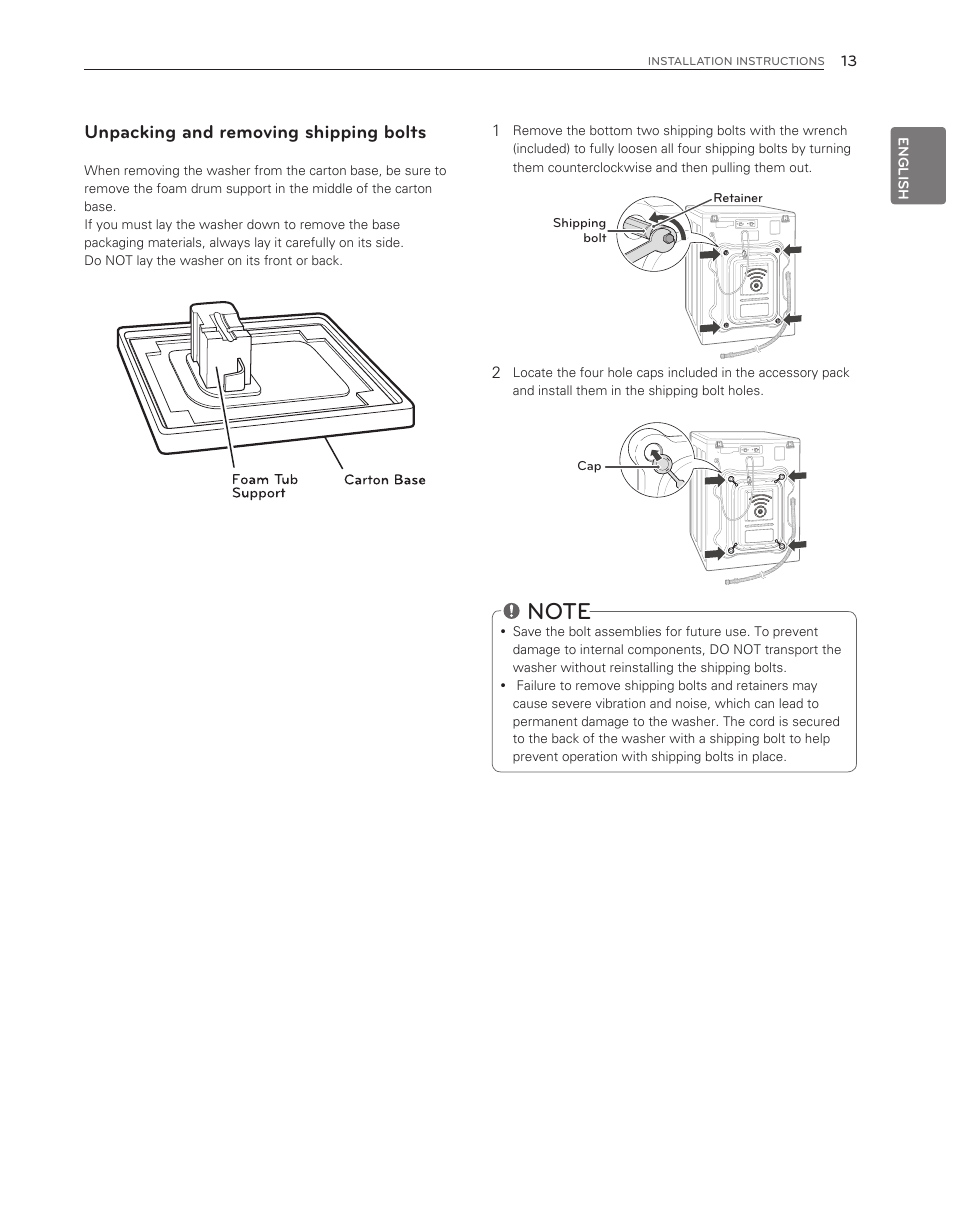 Unpacking and removing shipping bolts | LG WM3150HVC User Manual | Page 13 / 120