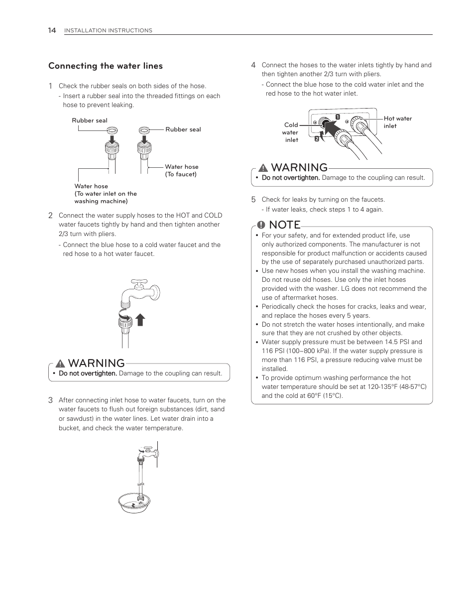 Warning, Connecting the water lines | LG WM3150HVC User Manual | Page 14 / 120