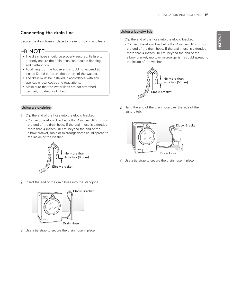 Connecting the drain line | LG WM3150HVC User Manual | Page 15 / 120