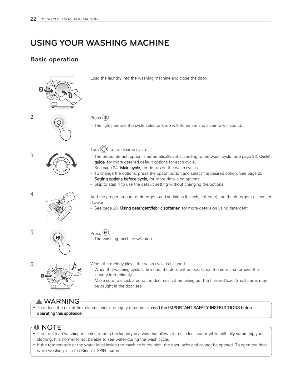 Using your washing machine, Warning, Basic operation | LG WM3150HVC User Manual | Page 22 / 120