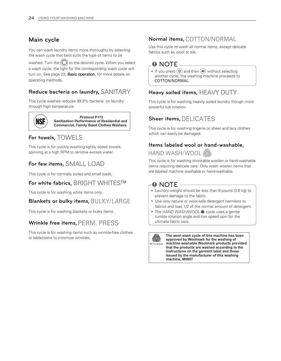 Main cycle, Heavy duty, Sanitary | Towels, Small load, Bright whites | LG WM3150HVC User Manual | Page 24 / 120