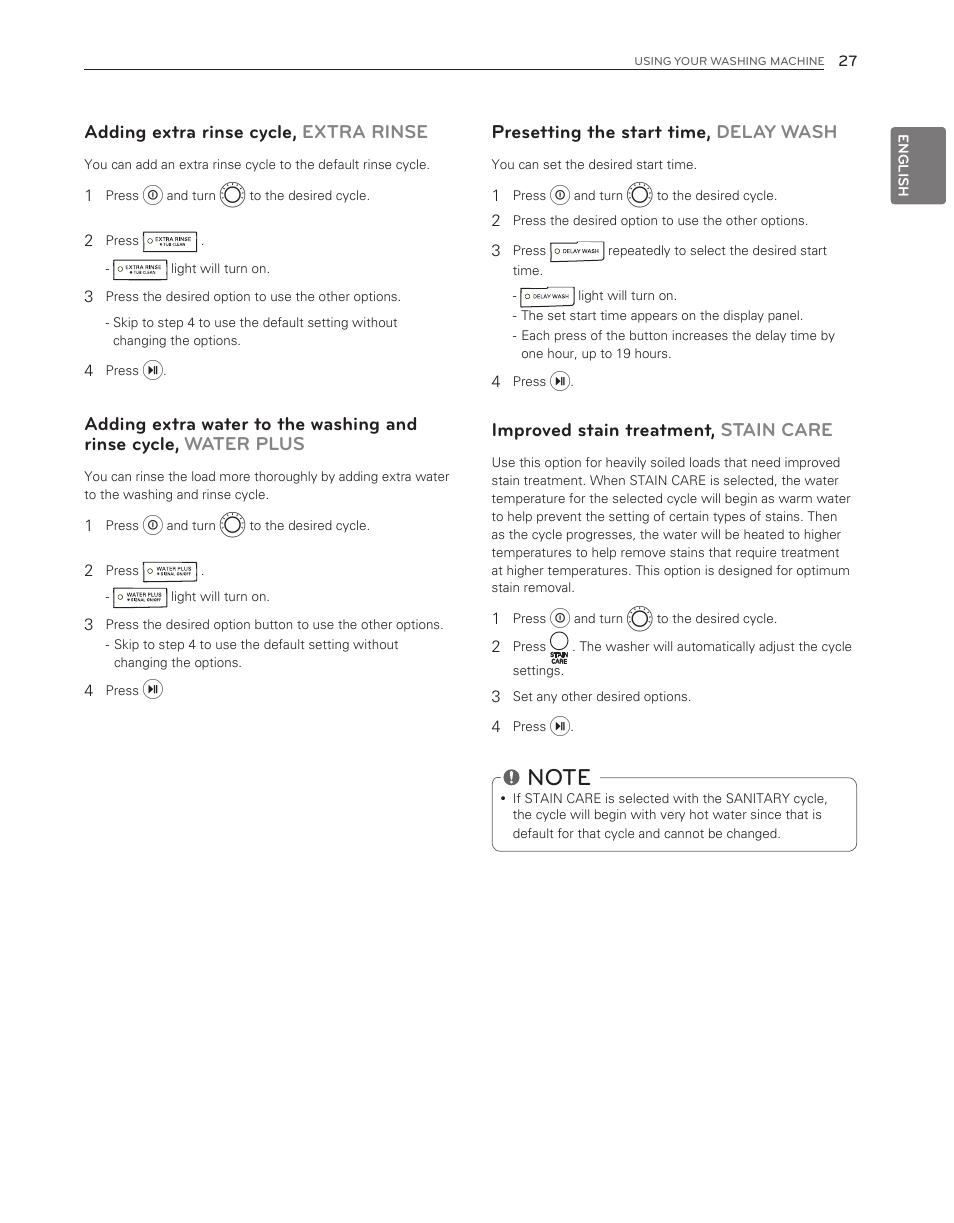 Adding extra rinse cycle, extra rinse, Presetting the start time, delay wash, Improved stain treatment, stain care | LG WM3150HVC User Manual | Page 27 / 120