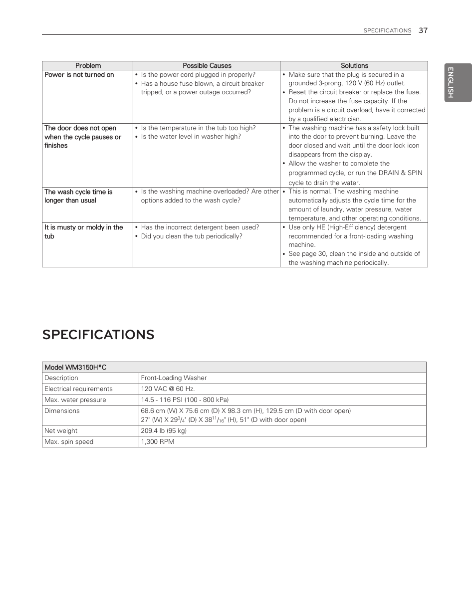 Specifications | LG WM3150HVC User Manual | Page 37 / 120
