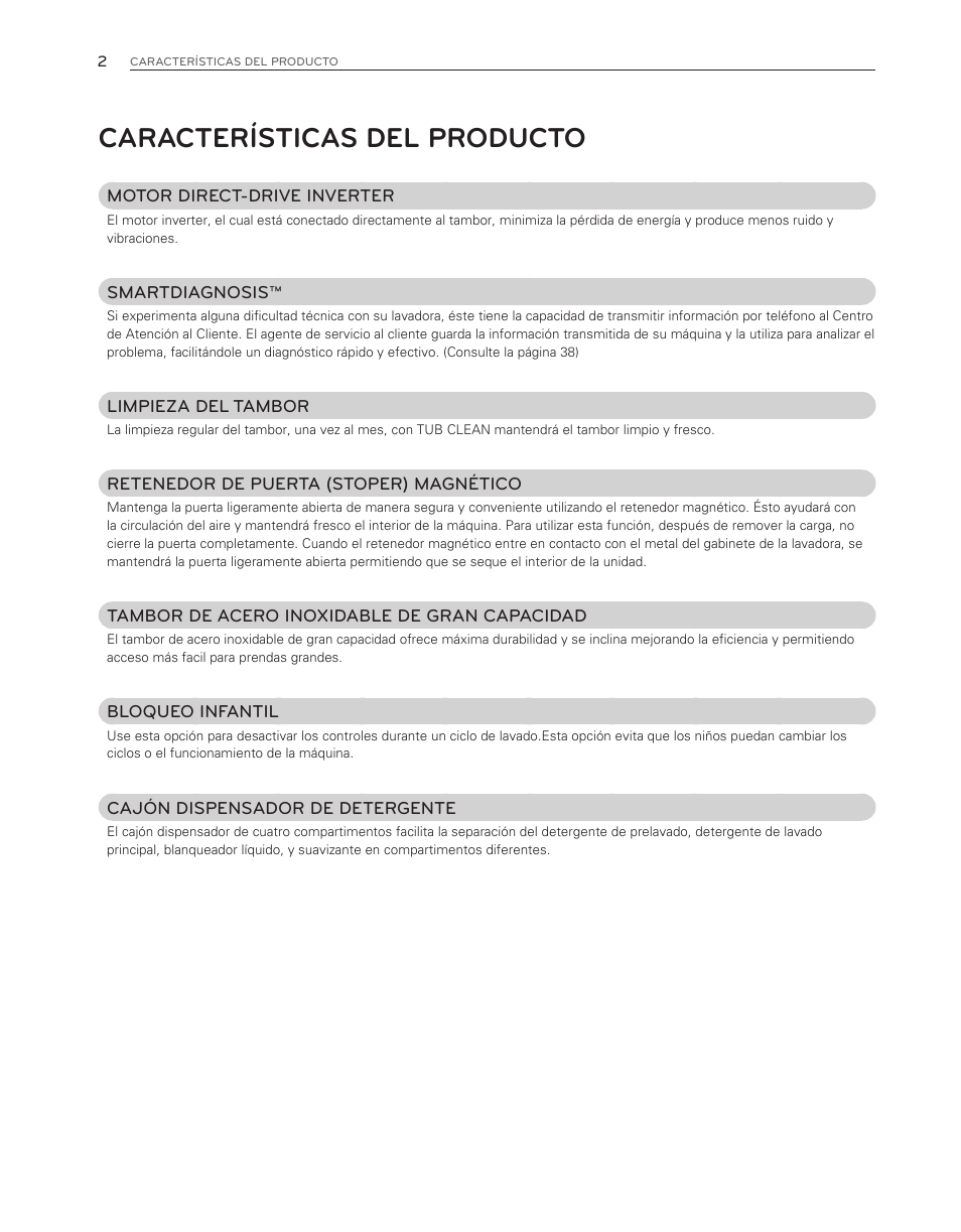 Características del producto | LG WM3150HVC User Manual | Page 42 / 120