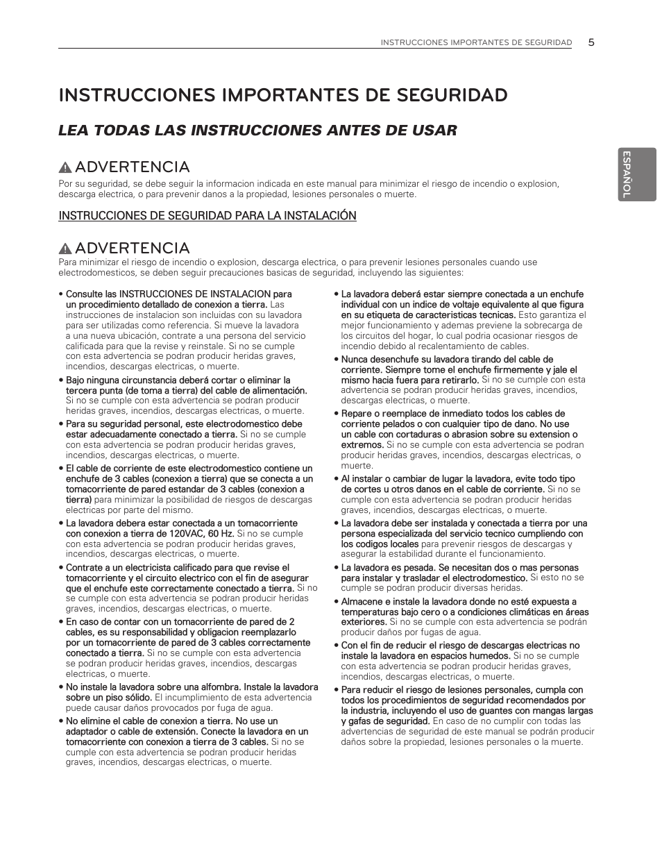 Instrucciones importantes de seguridad, Advertencia, Lea todas las instrucciones antes de usar | LG WM3150HVC User Manual | Page 45 / 120