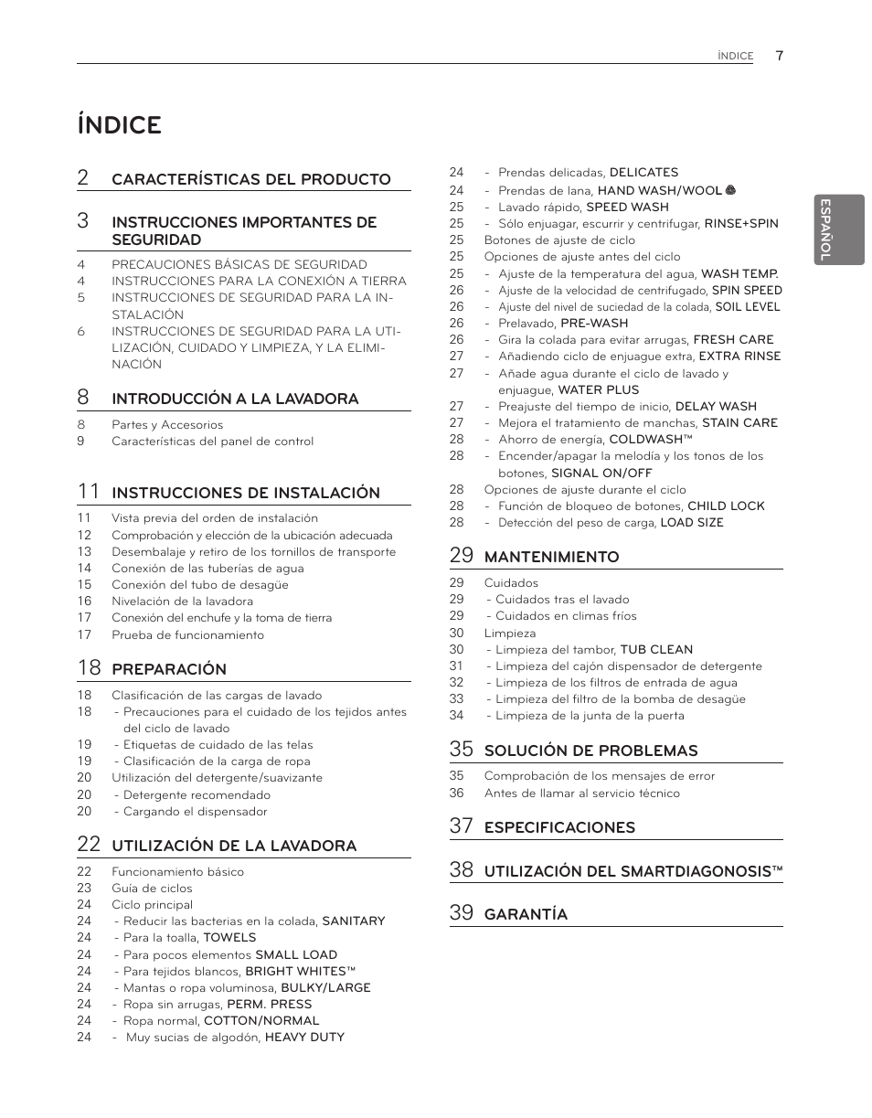 Índice | LG WM3150HVC User Manual | Page 47 / 120