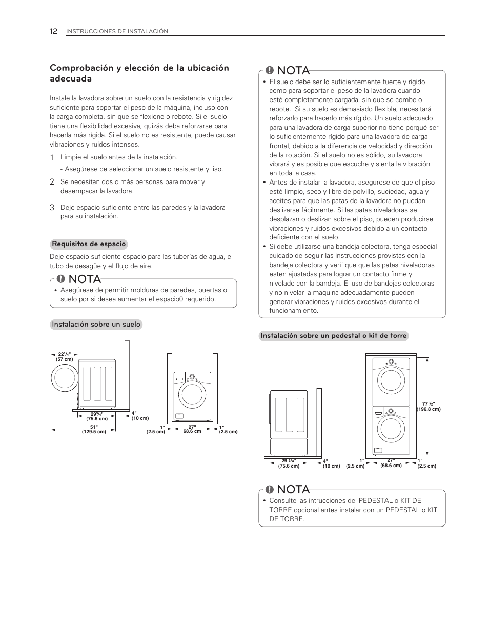 Nota, Comprobación y elección de la ubicación adecuada | LG WM3150HVC User Manual | Page 52 / 120