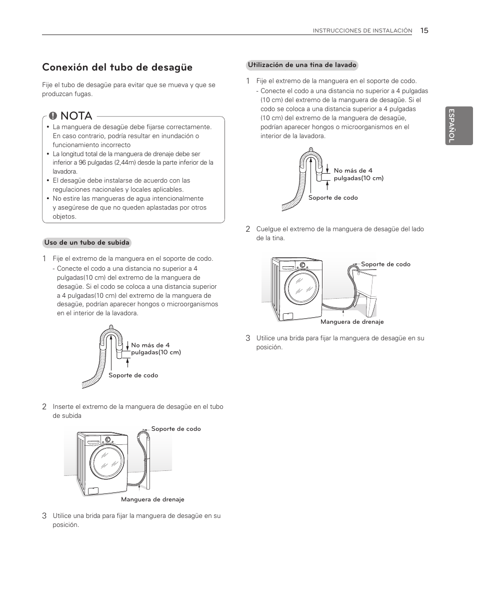 Nota, Conexión del tubo de desagüe | LG WM3150HVC User Manual | Page 55 / 120