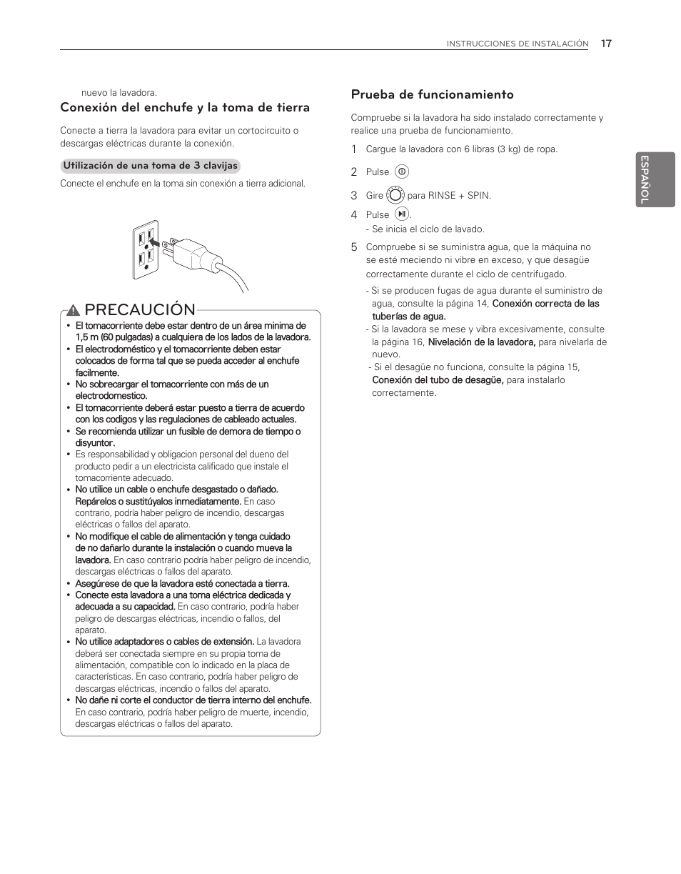 Precaución, Conexión del enchufe y la toma de tierra, Prueba de funcionamiento | LG WM3150HVC User Manual | Page 57 / 120