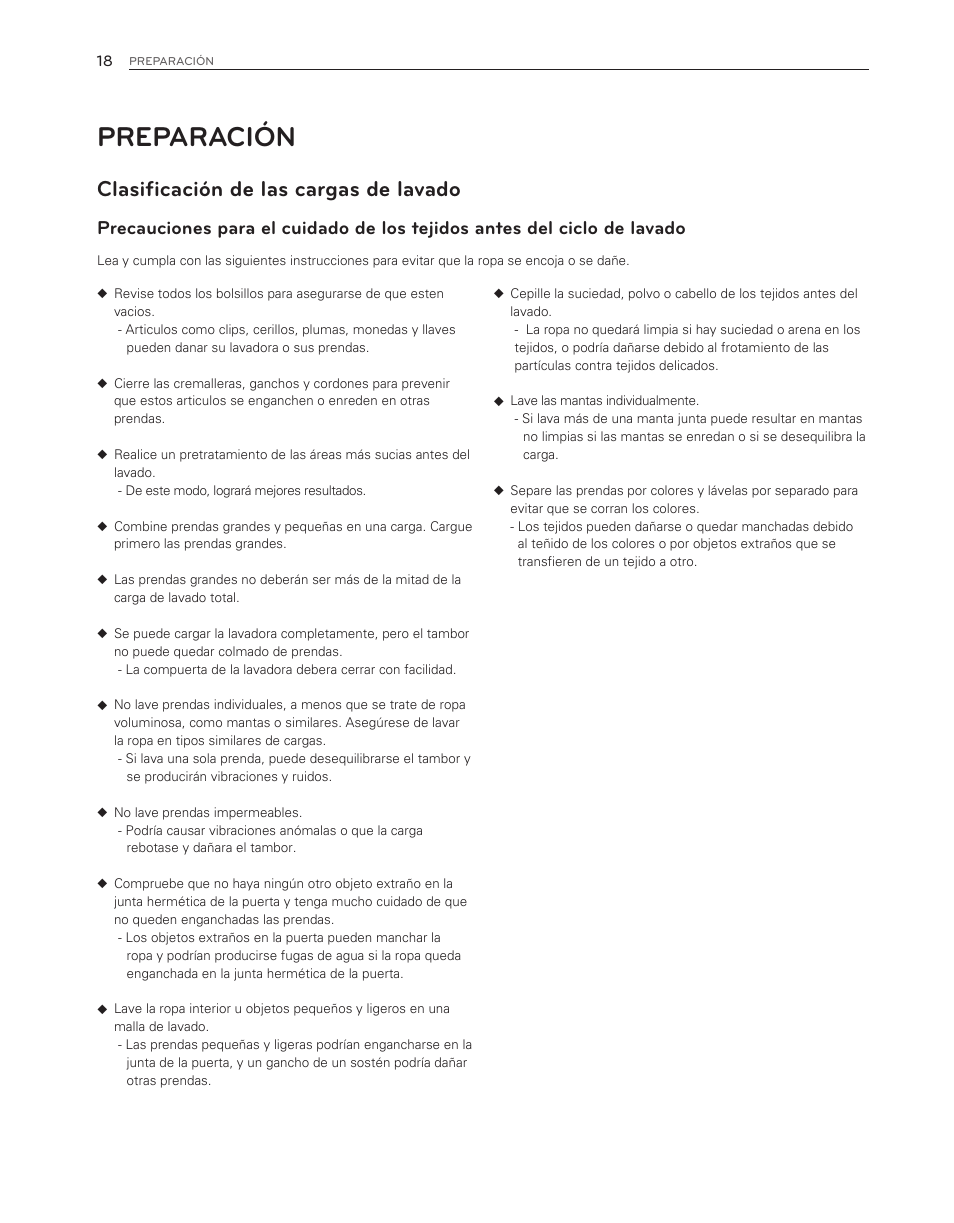Preparación, Clasificación de las cargas de lavado | LG WM3150HVC User Manual | Page 58 / 120