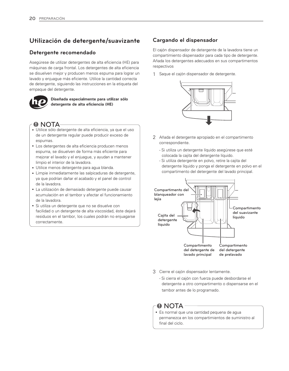 Nota, Utilización de detergente/suavizante, Cargando el dispensador | Detergente recomendado | LG WM3150HVC User Manual | Page 60 / 120