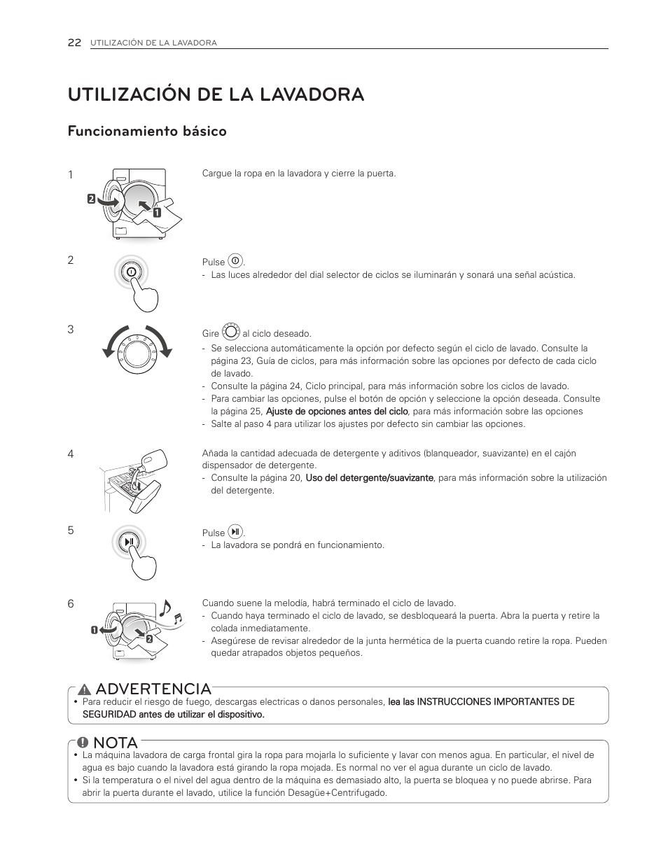 Utilización de la lavadora, Nota, Advertencia | Funcionamiento básico | LG WM3150HVC User Manual | Page 62 / 120